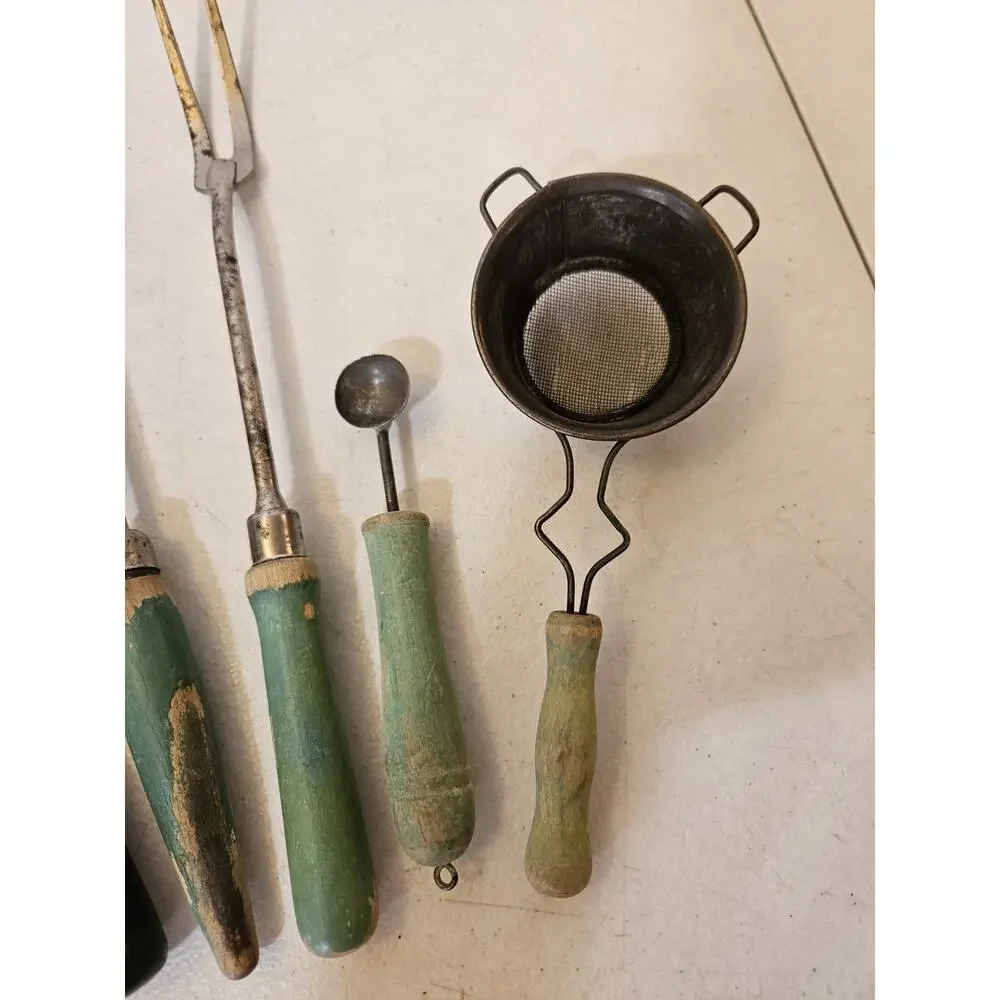 Vintage Kitchen Utensil Lot Wood Handle Scoop Forks Strainer Melon Baller Opener